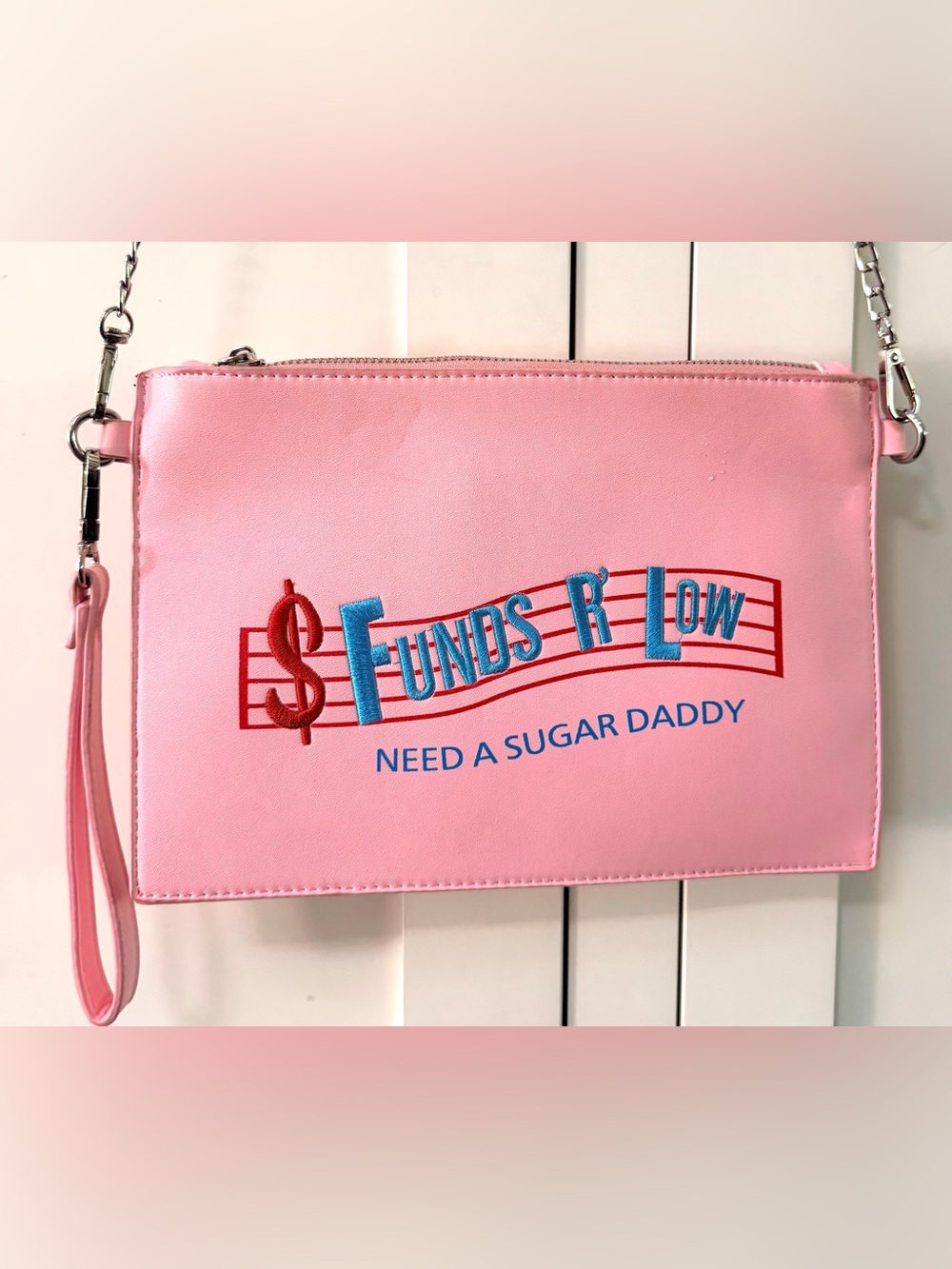 SUGAR THRILLZ Pink Funds R Low Sugar Daddy Crossbody Wristlet Clutch Bag EUC